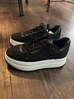 Michael Kors Black Platform Sparkle Sneakers with White Sole